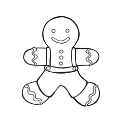 Vector black and white illustration of a gingerbread man. Gingerbread holiday cookies are hand drawn. Ideal for Christmas design, cards, invitations, packaging, gift wrapping, textile