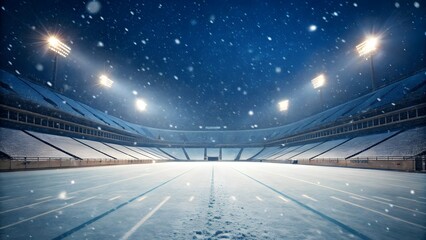 Winter stadium snow covered field lights bright scene cold weather outdoor sports arena championship game