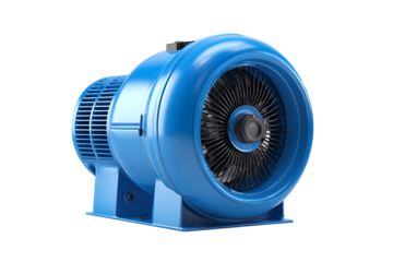 Industrial blue centrifugal fan motor isolated on transparent background