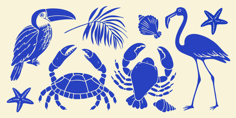 Tropical beach elements including a toucan flamingo crabs seashells starfish and palm leaf in blue on a cream background