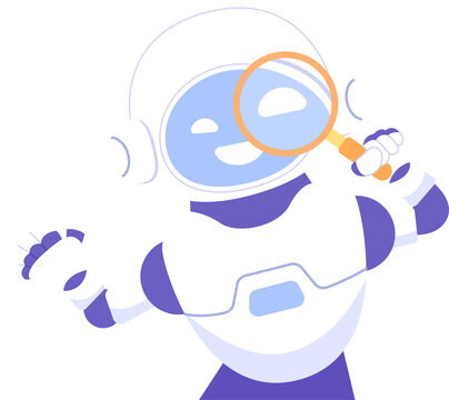 AI robot looking throught magnifying glass for fiding information