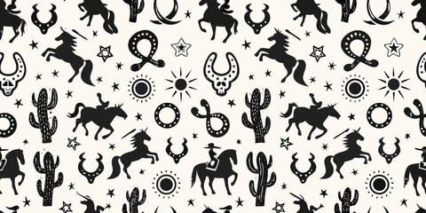 Whimsical western silhouette pattern featuring cowboys horses cacti sun and stars