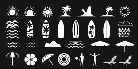Collection of white summer beach and surf icons on a black background including suns waves surfboards palm trees clouds umbrellas flowers beach chairs and people