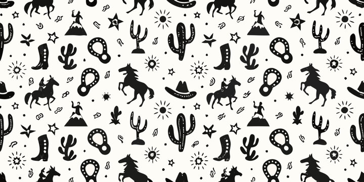 Whimsical western doodle pattern featuring horses cowboys cacti boots and stars