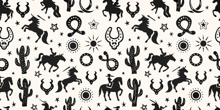 Whimsical western silhouette pattern featuring cowboys horses cacti sun and stars