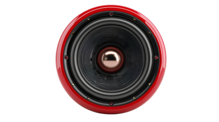 Close up of a red and black vintage speaker driver isolated on transparent background