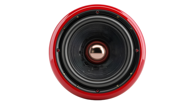 Close up of a red and black vintage speaker driver isolated on transparent background