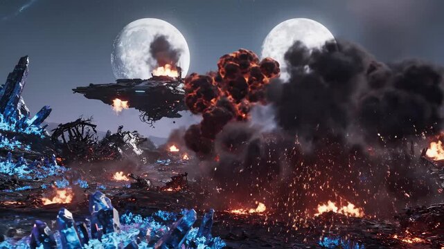 Sci-Fi Explosion on Alien Planet - A large explosion erupts on the surface of an alien world, with a damaged spaceship in the background under two bright moons.