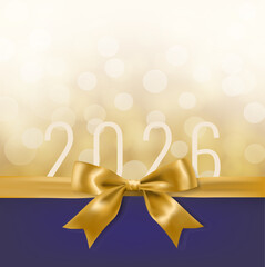 Celebratory New Year’s greeting card with the year "2026" in elegant white font, a luxurious gold ribbon and bow, soft, bokeh light effect background in warm tones