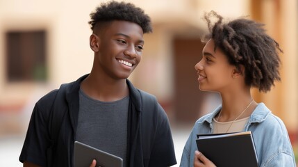 Two high school students share a delightful conversation in a vibrant school courtyard. The cheerful male student holds a tablet while engaging with his smiling classmate