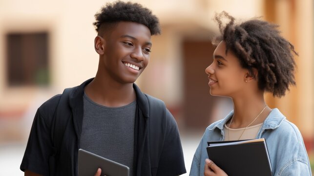 Two high school students share a delightful conversation in a vibrant school courtyard. The cheerful male student holds a tablet while engaging with his smiling classmate