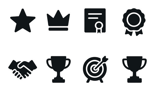 Icons of achievement: star, crown, certificate, award, handshake, trophies, target