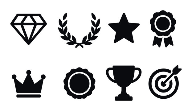 Vector set of black icon illustrations featuring trophy, diamond, medal, laurel, and star