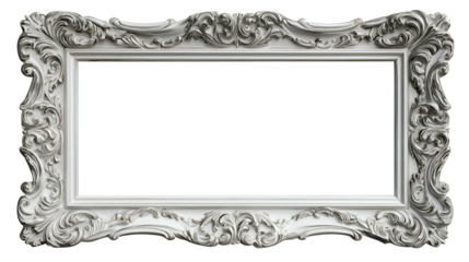 Ornate antique white picture frame with detailed carvings isolated on transparent background