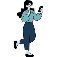 Woman In Blue Top And Dark Blue Pants Holding A Smartphone While Standing On One Leg With A Smile On Her Face, White Background