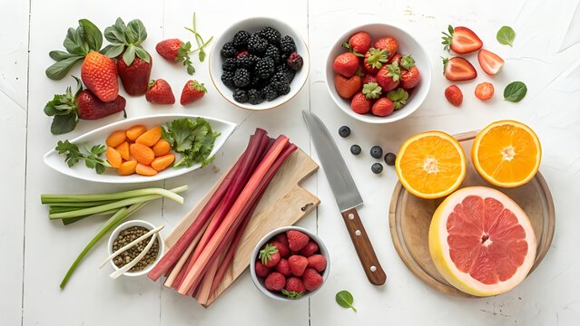 Fresh colorful fruits and berries arranged on white kitchen table with knife