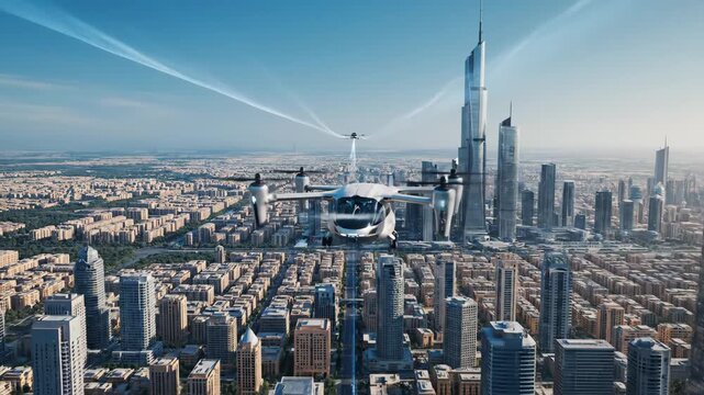 Futuristic Flying Taxi in Urban Environment - A white electric vertical takeoff and landing (eVTOL) aircraft flies over a modern cityscape, with skyscrapers visible in the background.