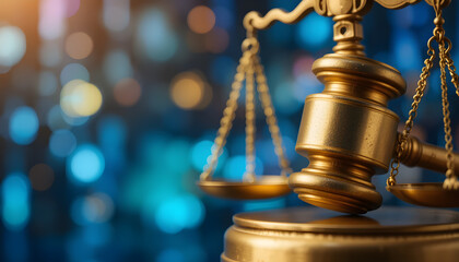A close-up of a golden gavel and scale, symbolizing justice and law in a digital age with a vibrant background.