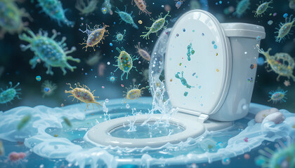 Illustration of bacteria floating above a toilet, showcasing microbial life in a sanitary