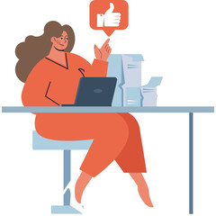 Woman In Orange Jumpsuit Works On Laptop At Desk With Stack Of Papers And Thumbs Up Notification Icon Overhead Transparent Background