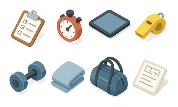 Vector icons representing gym equipment and fitness essentials on a wooden background