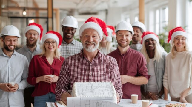 Architects and engineers celebrate Christmas in the office with cake and Santa hats