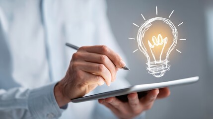 Person sketching a light bulb idea on a tablet, concept of innovation