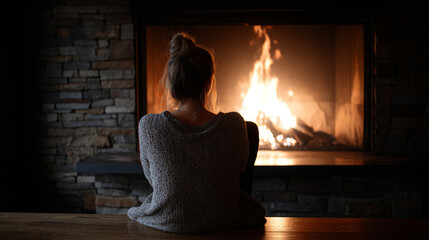 A person sitting alone in front of a fireplace, gazing at the flames sense of melancholy. Loneliness during Christmas holidays with copy space, holiday contrast, aging, and emotional storytelling