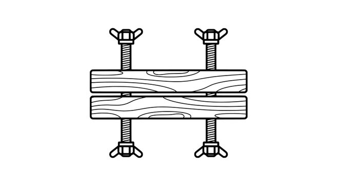 Flat Outline Icon: Two Wooden Planks Held by Four Wing Nut Bolts, Woodworking Clamp Concept