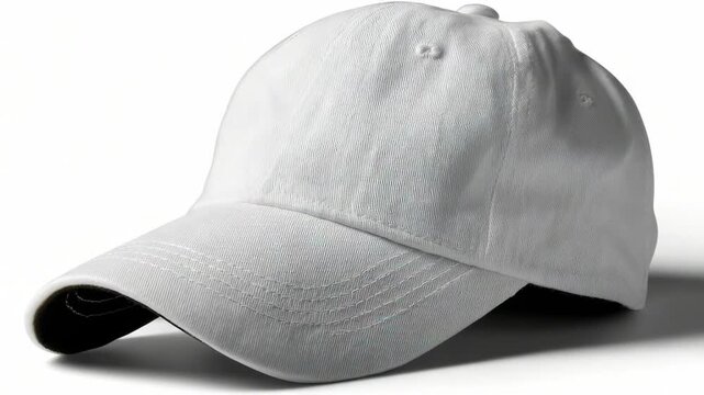 A plain white baseball cap with a curved brim and visible fabric texture resting on a white surface with a soft shadow