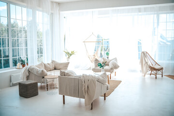 Bright living room with comfortable sofas, hanging chair, and plants, natural light floods the space.