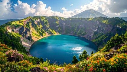 Volcanic crater lake, vibrant colors