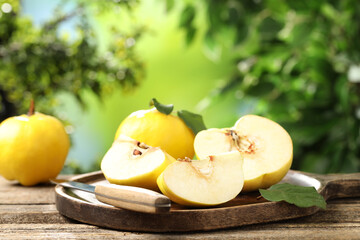Ripe quinces and knife on wooden table outdoors, closeup
