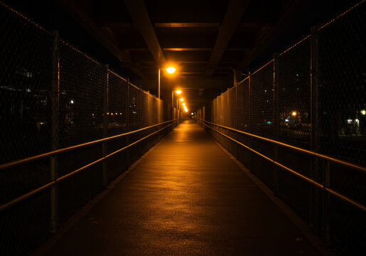 Empty pedestrian walkway illuminated by warm streetlights at night. - Powered by Adobe