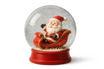 Santa claus toy sitting in a miniature sleigh inside a festive snow globe, bringing joy and decoration for christmas holidays
