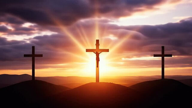 Three silhouetted crosses on a hilltop against a dramatic sunset sky with radiant sunburst effect showcasing warm colors and textured clouds - Powered by Adobe