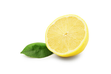 Half of ripe lemon and leaf isolated on white