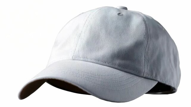 A plain white baseball cap with a curved brim and visible stitching isolated on a white background The fabric has a fine ribbed texture and the underside of the brim is dark