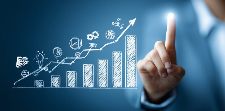 businessman touching growth graph line with icons of education, social media, ai and technology on a dark blue background. business development concept