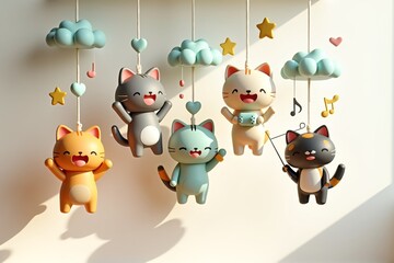 Five adorable cartoon cats hang from strings against a bright, sunlit walleach with unique colors and playful poses (orange, gray, white, black, pink), surrounded by floating balloons, hearts, and sta