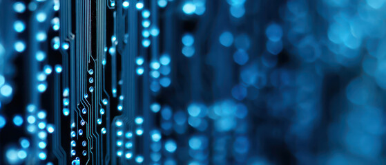 Fototapeta premium Digital technology background features intricate circuit patterns illuminated by blue lights, creating futuristic atmosphere that captivates viewer imagination