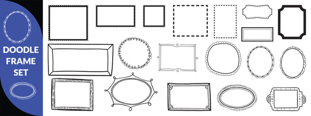 Doodle frame set, vector hand drawn stamp border, vintage abstract wavy post stamp simple design. Blue decorative rectangle label, empty banner shape collection. big set design 