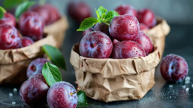 Freshly picked plums in baskets on a rustic table with droplets of water reflecting natural light