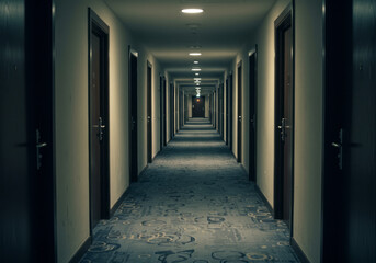 Endless Hotel Corridor With Doors Stretching Into The Distance.