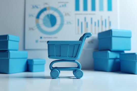 A miniature shopping cart sits on a clean, reflective surface surrounded by blue product boxes, with blurred financial charts and graphs in the background  symbolizing e-commerce analytics and online 