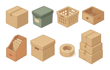 Assorted box and container icons for storage and organization