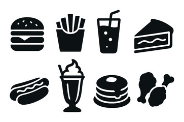 Icons of fast food: burger, fries, soda, pie, hot dog, milkshake, pancakes, chicken