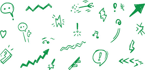 Green hand drawn doodle icons including speech bubbles arrows lightning bolts and musical notes vector