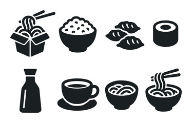Asian cuisine icons: noodles, rice, dumplings, sushi, soy sauce, tea, ramen