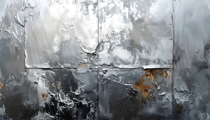 Close-up view reveals a distressed, abstract, textured metal surface composed of several panels. The silvery material shows areas of oxidation and rough edges